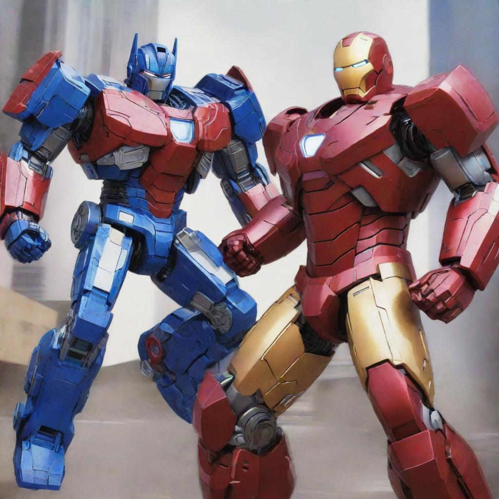 Anime-style illustration of Optimus Prime and Iron Man in a dynamic pose, featuring vibrant colors and detailed weaponary