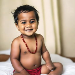 A 3-year-old boy wearing a diaper, shirtless, and a red amber necklace