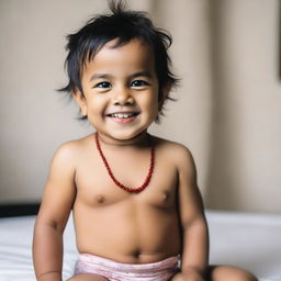 A 3-year-old boy wearing a diaper, shirtless, and a red amber necklace