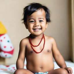 A 3-year-old boy wearing a diaper, shirtless, and a red amber necklace