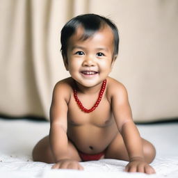 A 3-year-old boy wearing a diaper, shirtless, and a red amber necklace