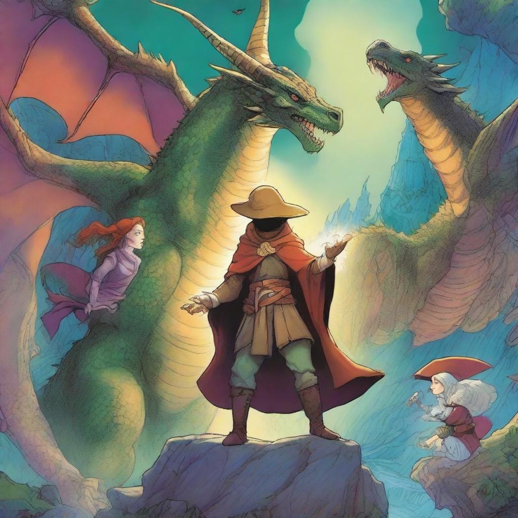 A captivating fantasy graphic novel cover featuring a mix of intriguing characters such as wizards, elves, and dragons, set against a dynamic and magical background