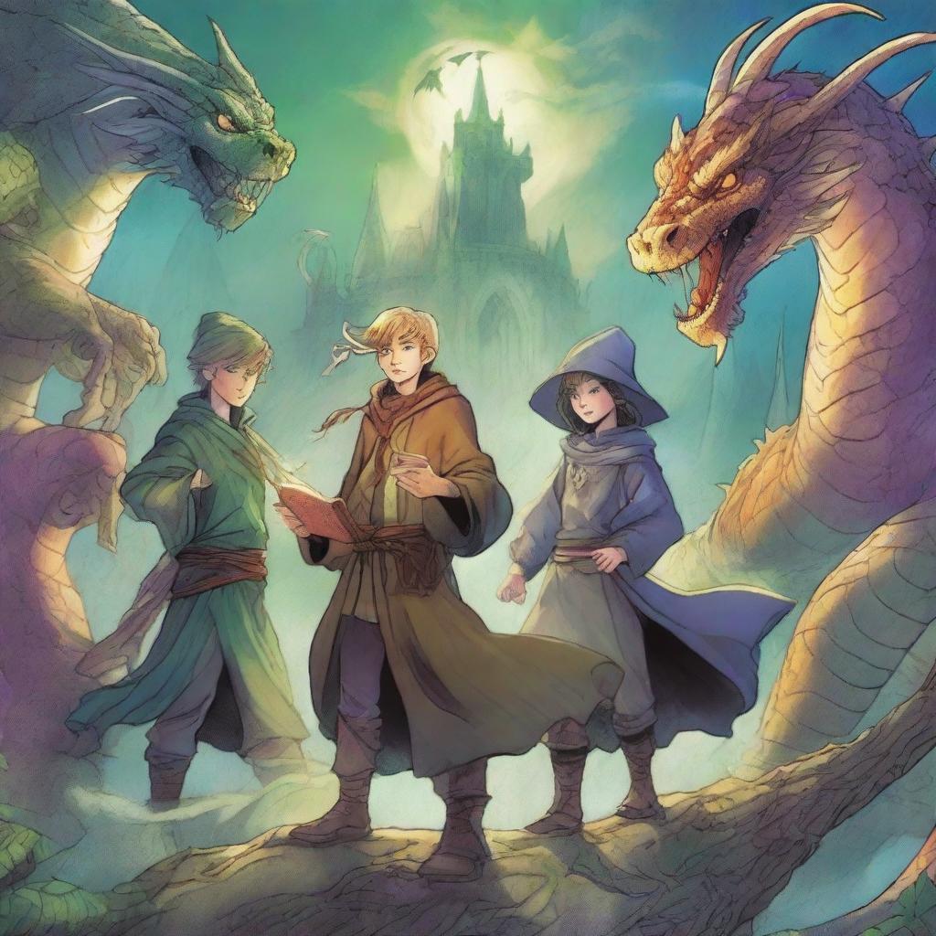 A captivating fantasy graphic novel cover featuring a mix of intriguing characters such as wizards, elves, and dragons, set against a dynamic and magical background