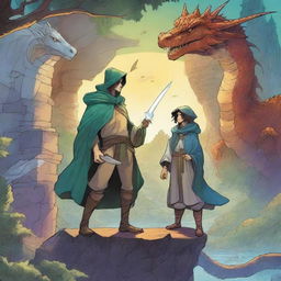 A captivating fantasy graphic novel cover featuring a mix of intriguing characters such as wizards, elves, and dragons, set against a dynamic and magical background