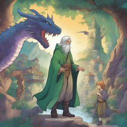 A captivating fantasy graphic novel cover featuring a mix of intriguing characters such as wizards, elves, and dragons, set against a dynamic and magical background