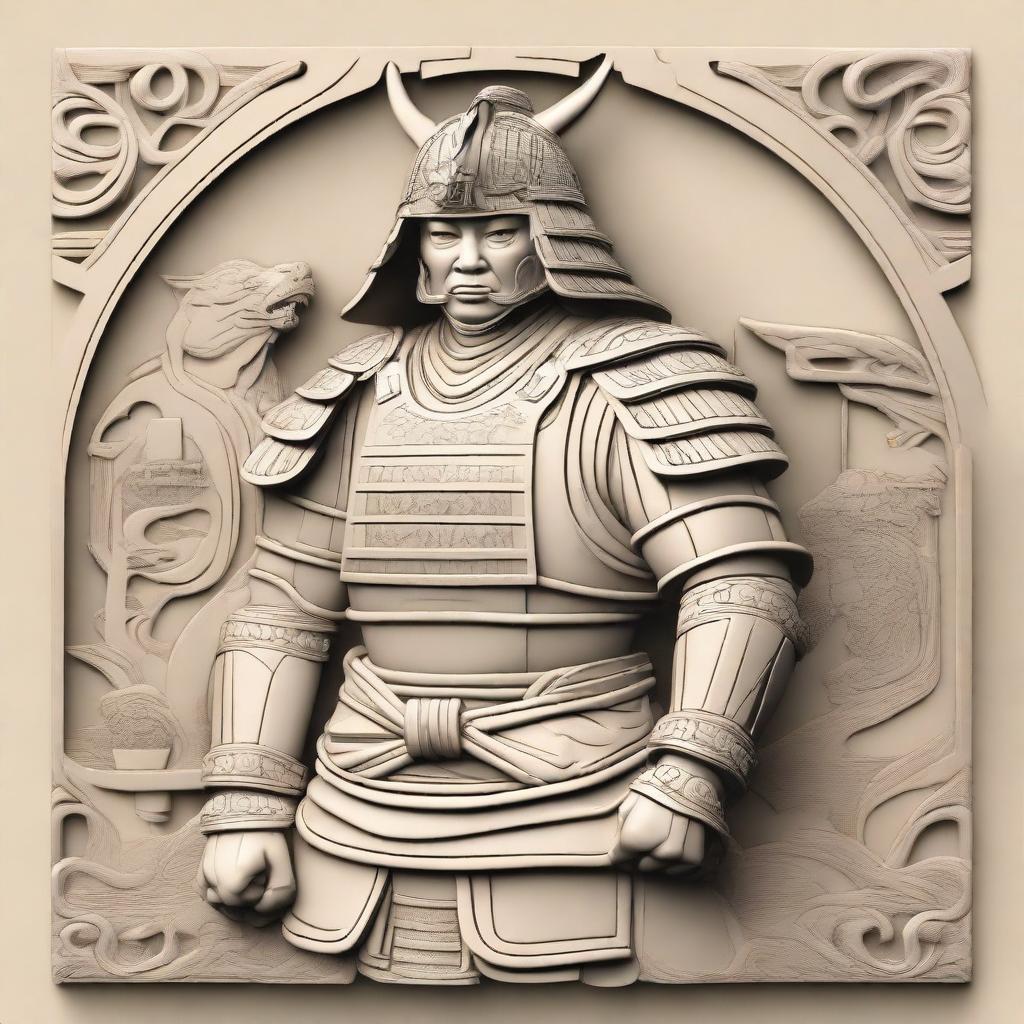 A detailed CNC relief design of a samurai warrior in traditional armor