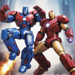 Anime-style illustration of Optimus Prime and Iron Man in a dynamic pose, featuring vibrant colors and detailed weaponary