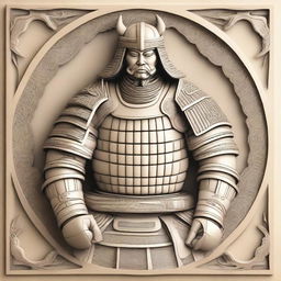 A detailed CNC relief design of a samurai warrior in traditional armor