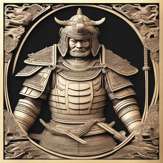 A detailed CNC relief design of a samurai warrior in traditional armor