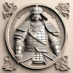 A detailed CNC relief design of a samurai warrior in traditional armor