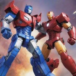 Anime-style illustration of Optimus Prime and Iron Man in a dynamic pose, featuring vibrant colors and detailed weaponary