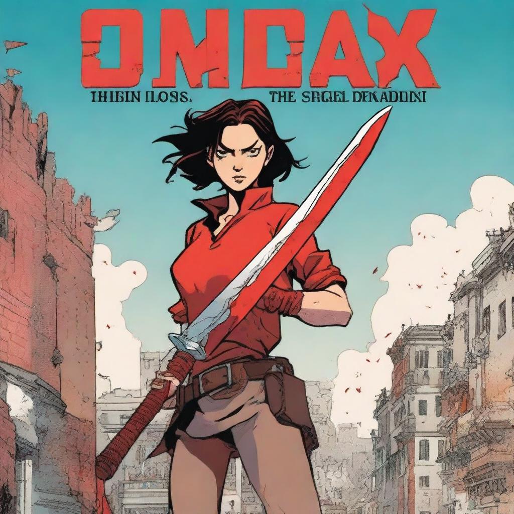 A fantasy graphic novel cover featuring the main character, Stela, at the front holding a big red sword