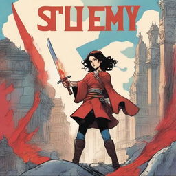 A fantasy graphic novel cover featuring the main character, Stela, at the front holding a big red sword