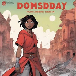 A fantasy graphic novel cover featuring the main character, Stela, at the front holding a big red sword