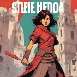 A fantasy graphic novel cover featuring the main character, Stela, at the front holding a big red sword