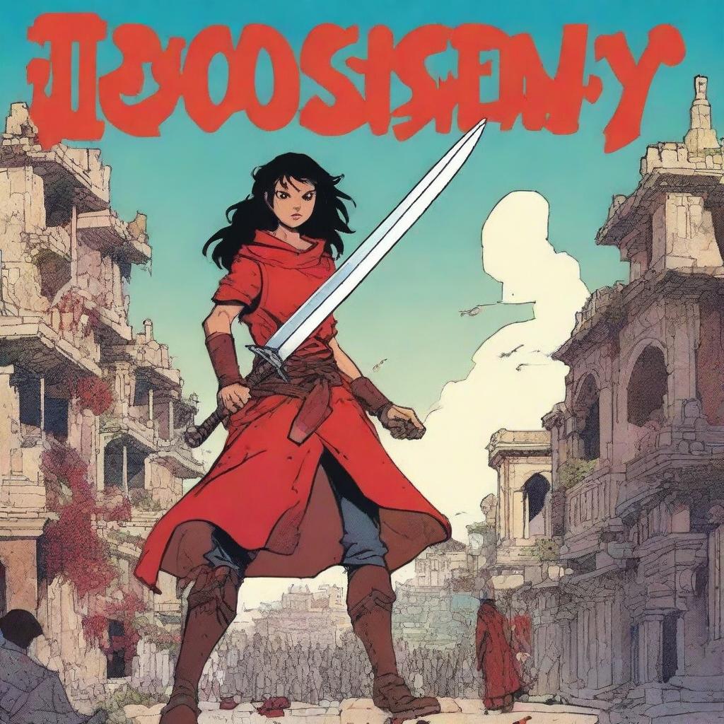 A fantasy graphic novel cover featuring the main character, Stela, at the front holding a big red sword