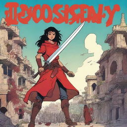 A fantasy graphic novel cover featuring the main character, Stela, at the front holding a big red sword