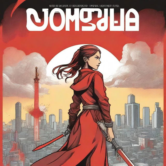 A fantasy graphic novel cover featuring the main character, Stela, at the front holding a big red sword