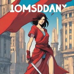 A fantasy graphic novel cover featuring the main character, Stela, at the front holding a big red sword