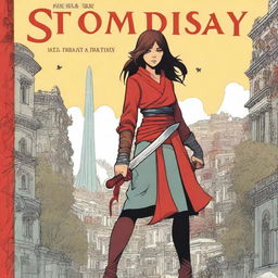 A fantasy graphic novel cover featuring the main character, Stela, at the front holding a big red sword