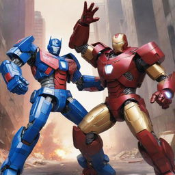 Anime-style illustration of Optimus Prime and Iron Man in a dynamic pose, featuring vibrant colors and detailed weaponary