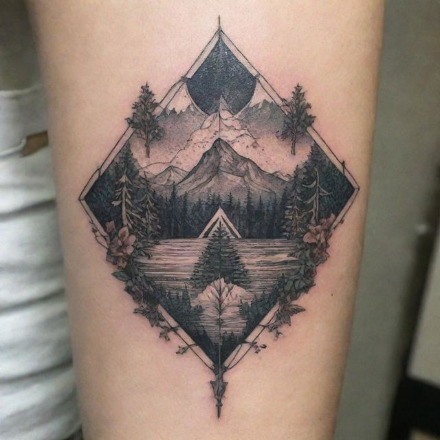 A detailed, intricate tattoo design featuring a mix of geometric and nature-inspired elements.