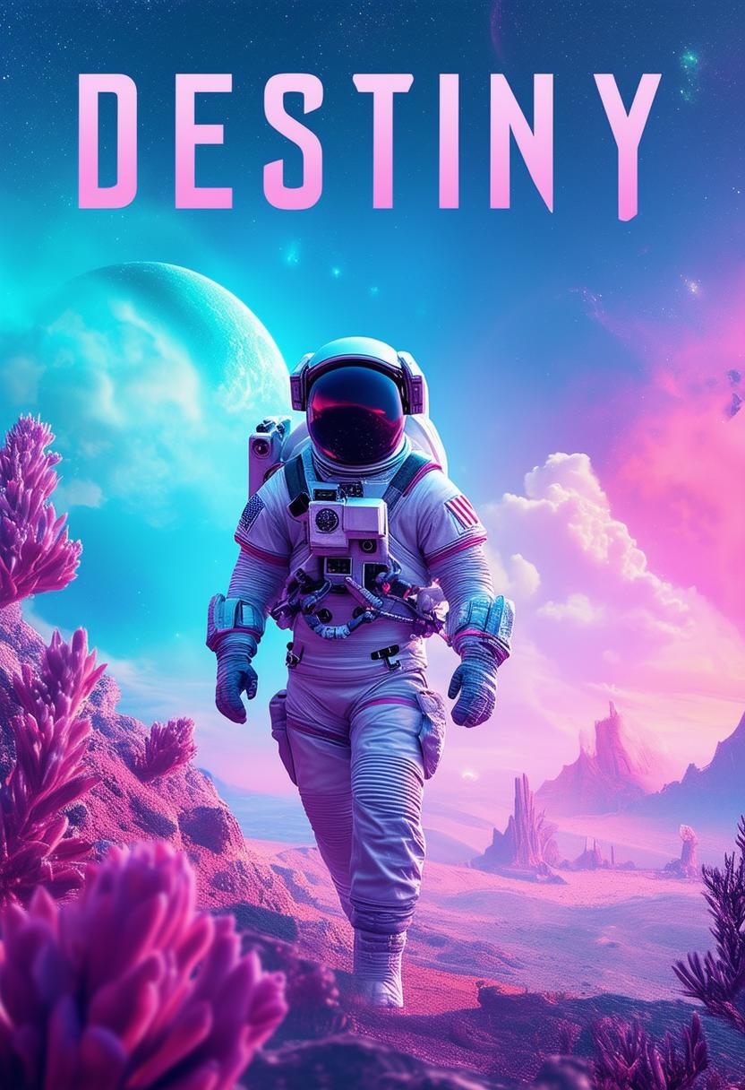 Create a book cover for 'Destiny' featuring an astronaut on an alien planet with pastel skies, nebulae, and alien flora