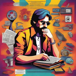 A vibrant and artistic poster for a film based on the life of a writer in the Indian film industry