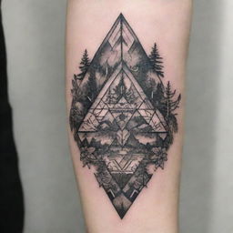 A detailed, intricate tattoo design featuring a mix of geometric and nature-inspired elements.