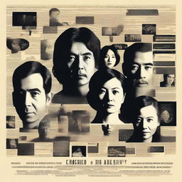 A captivating poster featuring a film script prominently in the center, with faces of various characters from the film emerging around it