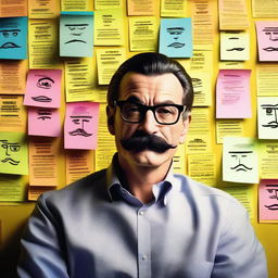 A detailed poster featuring a wall covered with post-it notes, each displaying faces of different characters