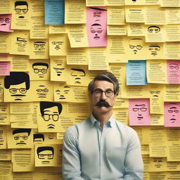 A detailed poster featuring a wall covered with post-it notes, each displaying faces of different characters