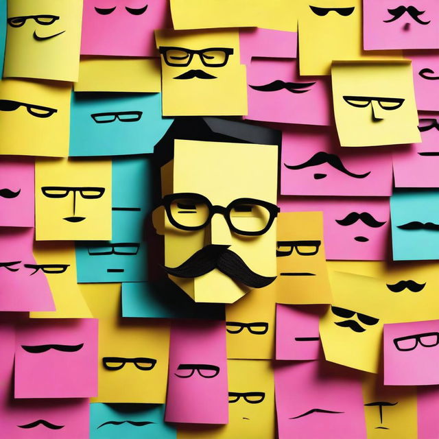 A detailed poster featuring a wall covered with post-it notes, each displaying faces of different characters