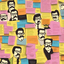 A detailed poster featuring a wall covered with post-it notes, each displaying faces of different characters