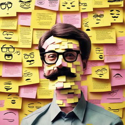 A detailed poster featuring a wall covered with post-it notes, each displaying faces of different characters