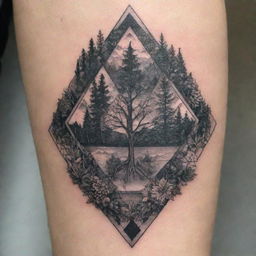 A detailed, intricate tattoo design featuring a mix of geometric and nature-inspired elements.