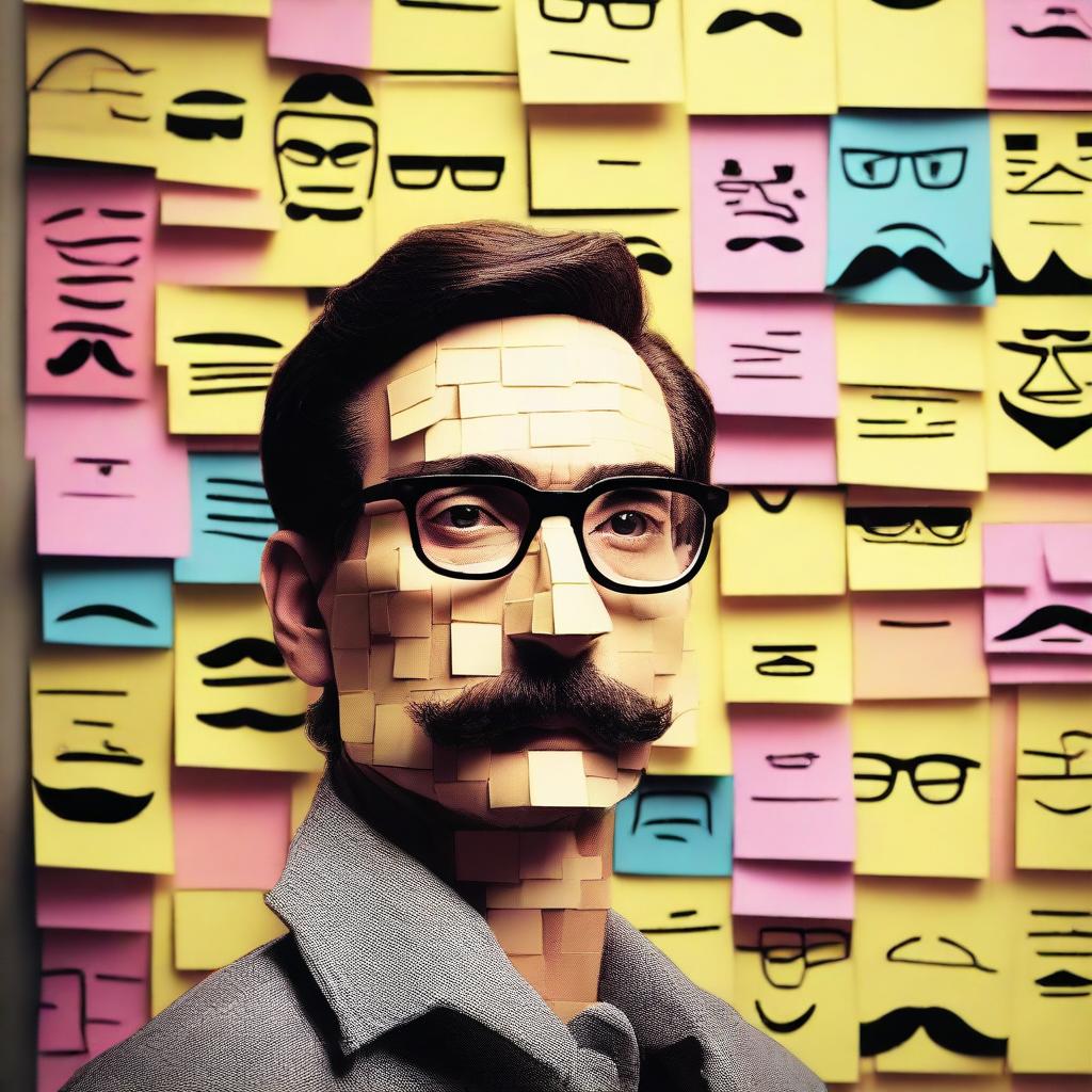 A detailed poster featuring a wall covered with post-it notes, each displaying faces of different characters