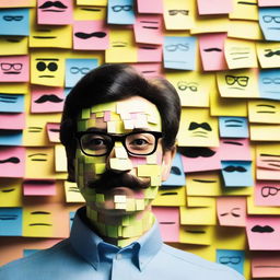 A detailed poster featuring a wall covered with post-it notes, each displaying faces of different characters