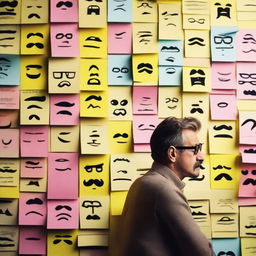 A detailed poster featuring a wall covered with post-it notes, each displaying faces of different characters