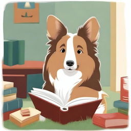 Create a movie poster featuring a Sheltie dog reading a children's book