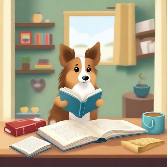 Create a movie poster featuring a Sheltie dog reading a children's book