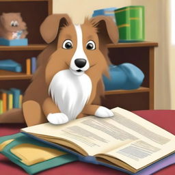 Create a movie poster featuring a Sheltie dog reading a children's book