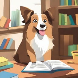 Create a movie poster featuring a Sheltie dog reading a children's book