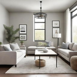 Create an image of a living room with updated furniture and a modern style