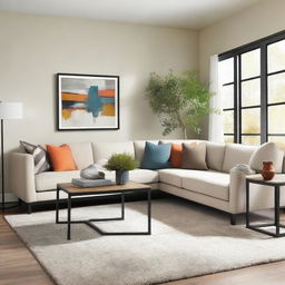 Create an image of a living room with updated furniture and a modern style