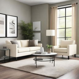 Create an image of a living room with updated furniture and a modern style