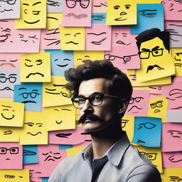 A detailed poster featuring a wall covered with post-it notes, each displaying faces of different characters