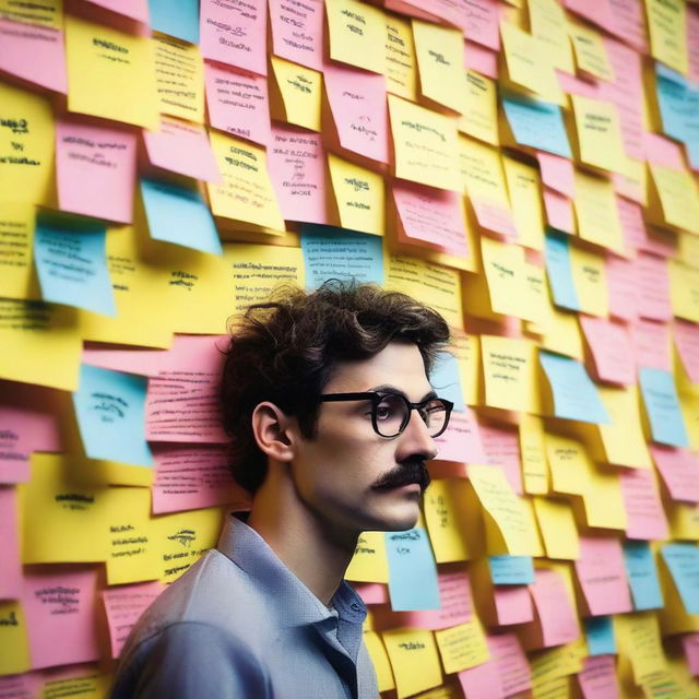 A detailed poster featuring a wall covered with post-it notes, each displaying faces of different characters