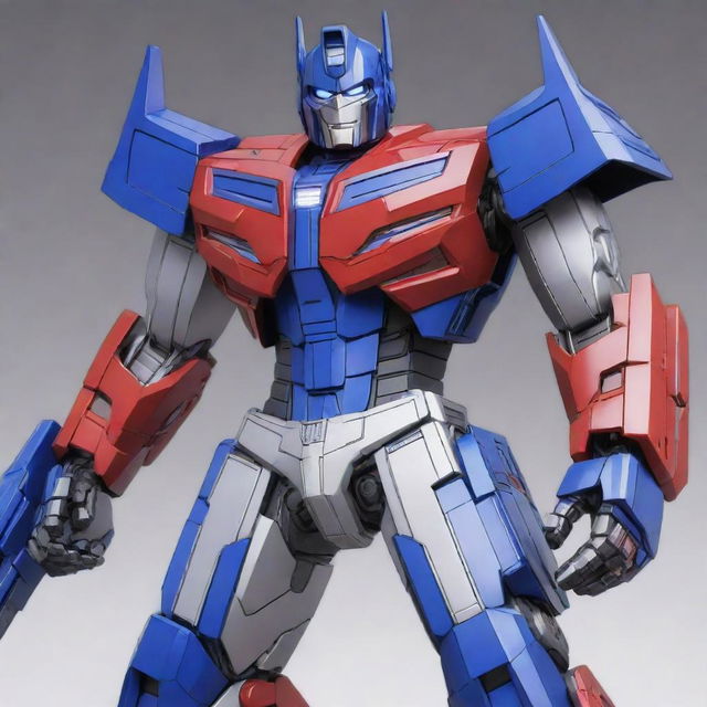 An anime-styled representation of Optimus Prime, detailed with sharp lines, bright colors and dynamic pose