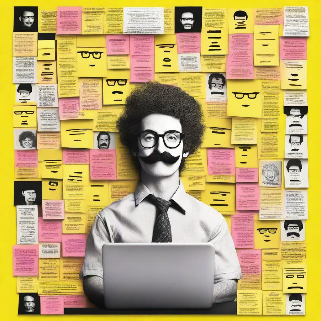 A detailed poster featuring a wall covered with post-it notes, each displaying faces of different characters